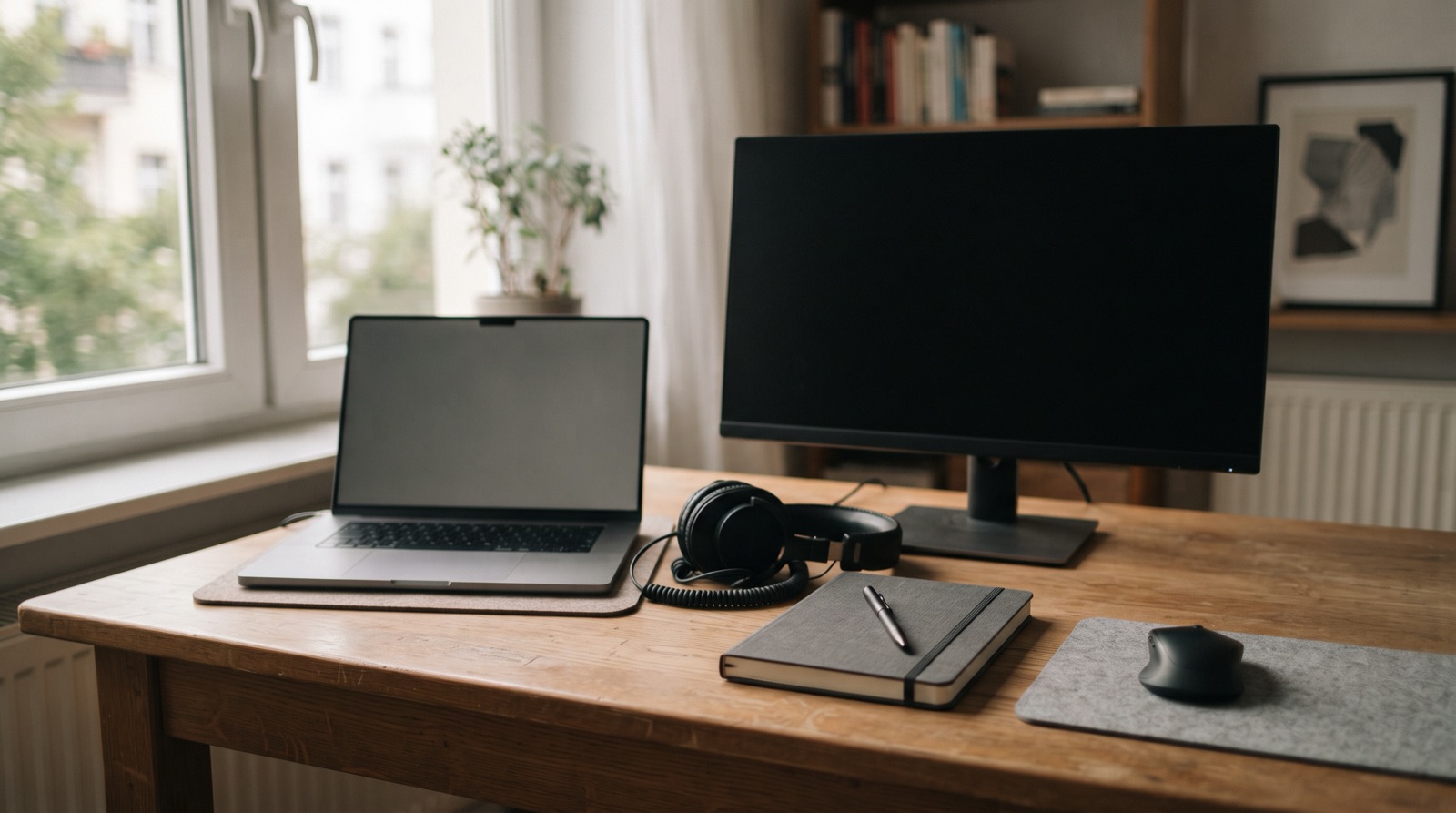 Laptop, ausgeschalteter Monitor, Kopfhörer und Notizbuch auf einem Schreibtisch am Fenster