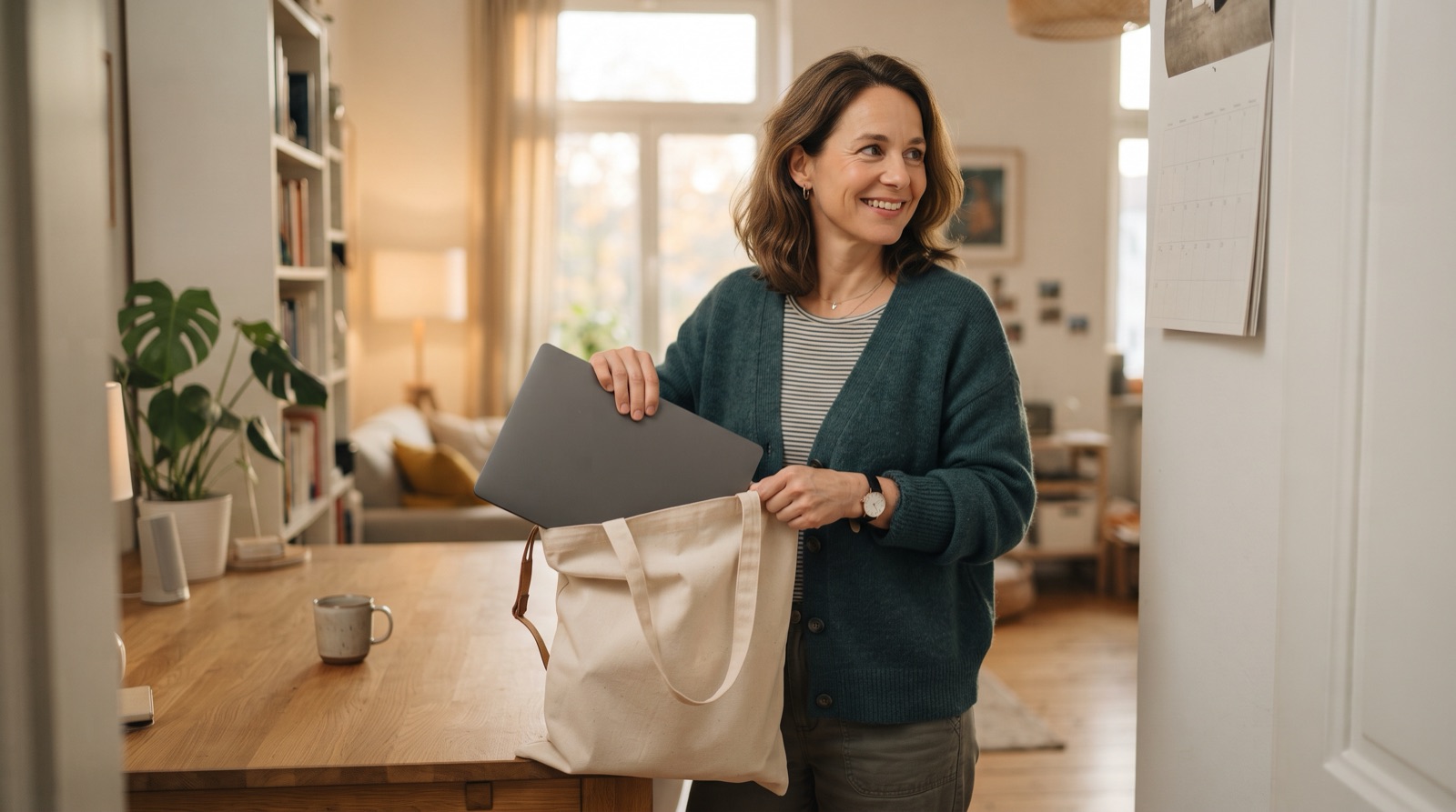 Frau packt am Ende eines Homeoffice-Tages den Laptop in eine Tasche und blickt auf einen Wandkalender