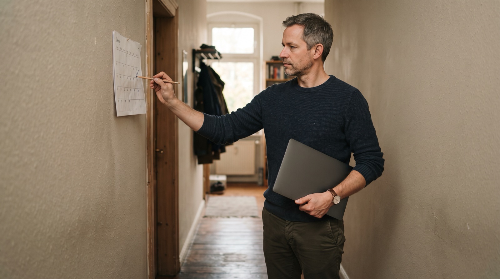 Mann markiert nach Feierabend einen Wandkalender im Flur, den geschlossenen Laptop unter dem Arm