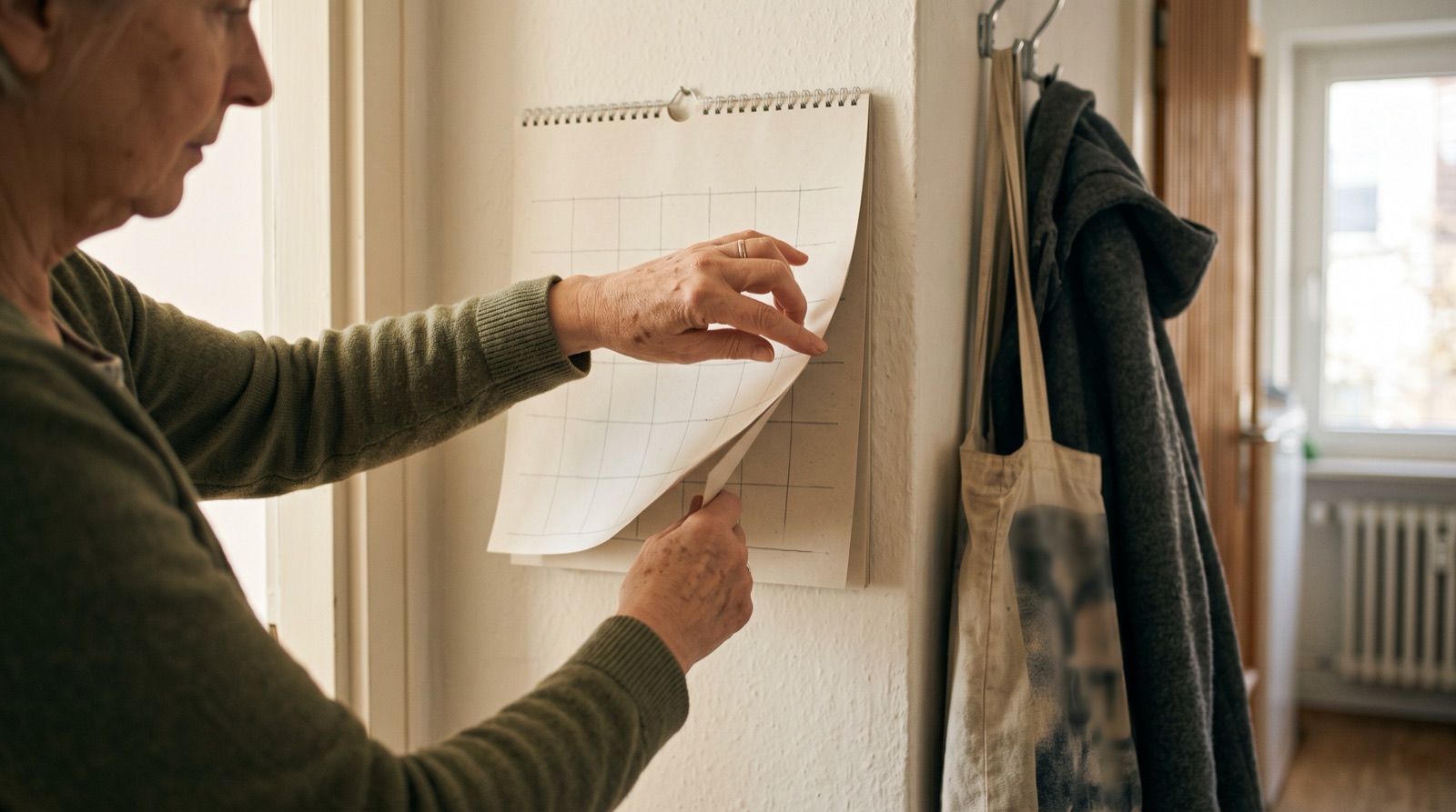 Hände einer Frau blättern einen Wandkalender im Flur einer Wohnung um